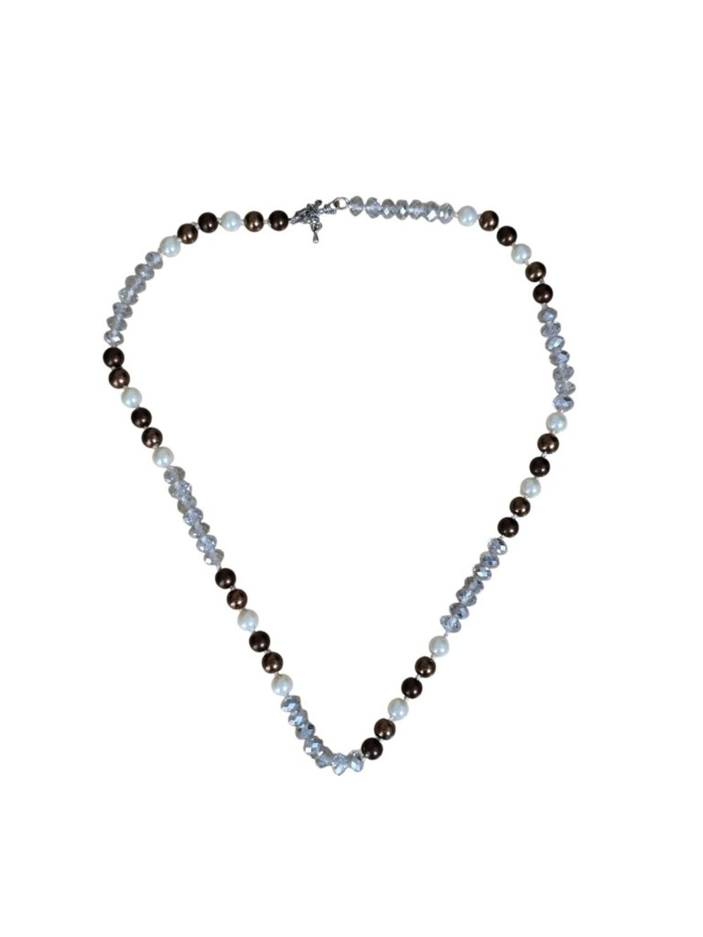 Crystal Bead Necklace Faux Pearl Brown Glass Beads Silver Tone 24in Elegant